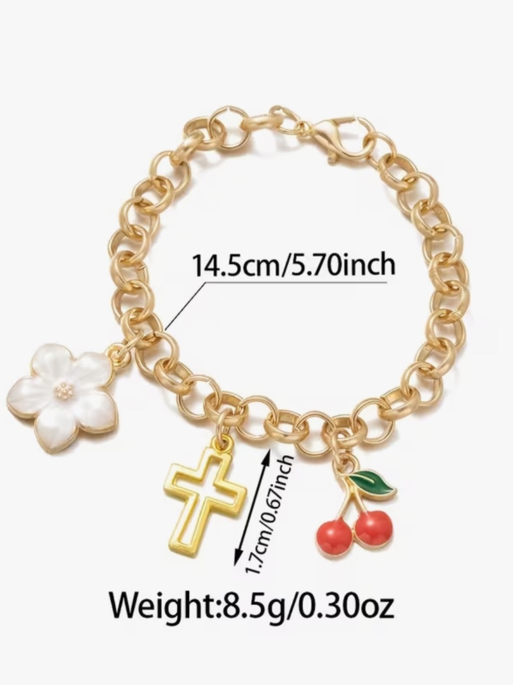 Goldtone Charm with Flower, Cross & Cherry Charms - Pink/Gold/Red